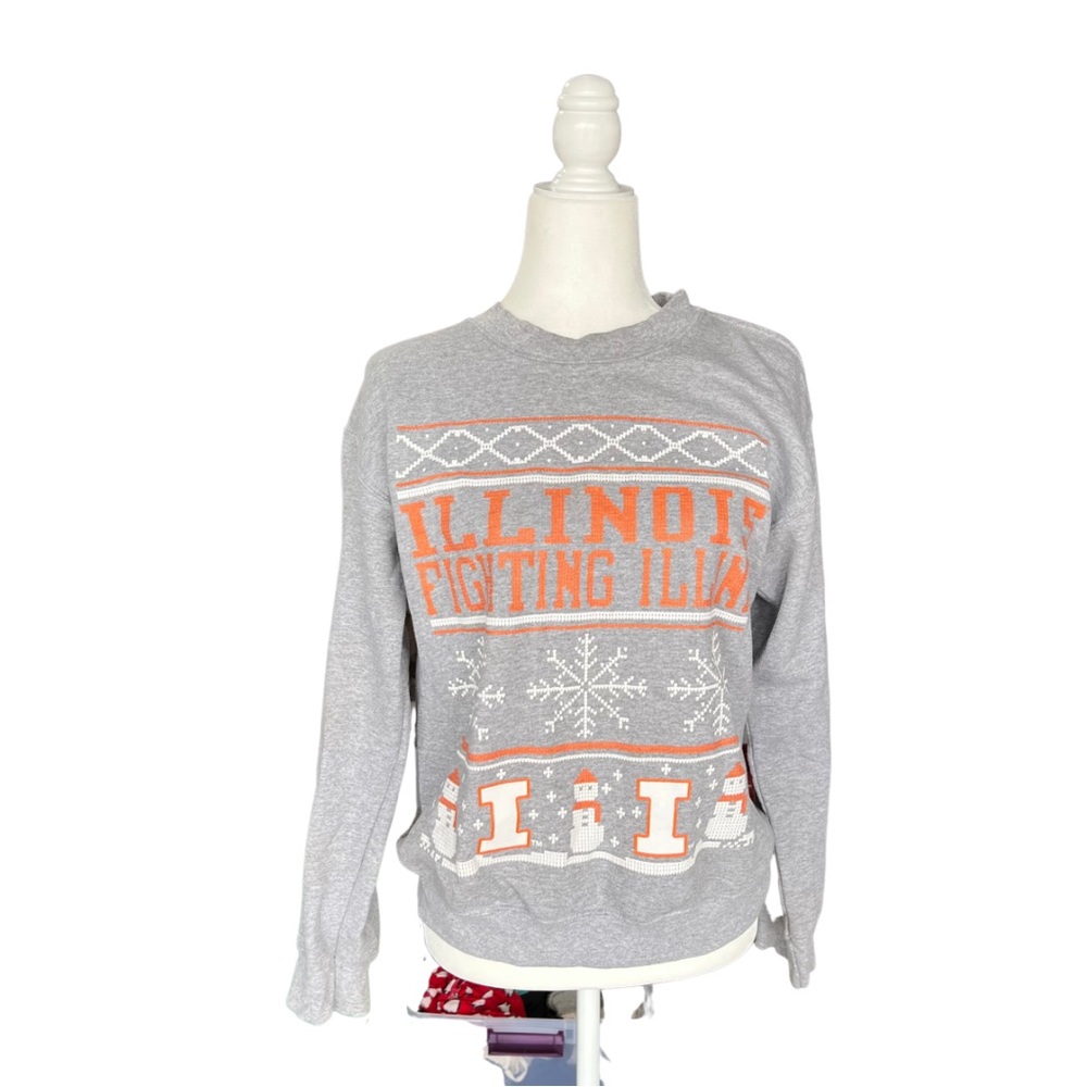 University of Illinois Fighting Illini Ugly Sweater Crew Neck Pullover Gray